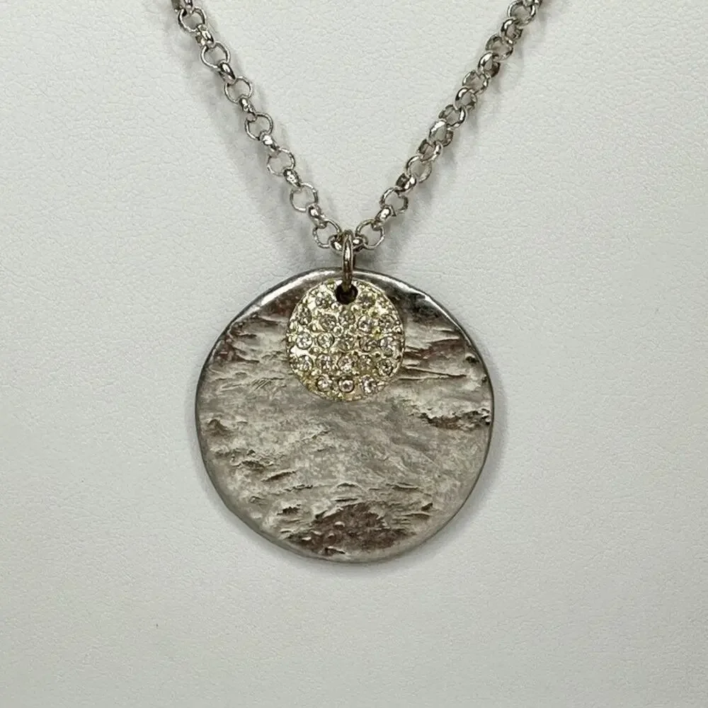 Chico's Layered Hammered Disc Rhinestone Silver Long Necklace ✨